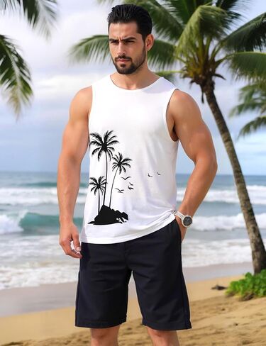 Mens Beach Tank Tops Summer Hawaii Vacation Graphic Muscle Palm Tree Sleeveless Shirts in Saudi Arabia