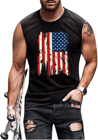 قمصان الرابع من يوليو للرجال للرجال العلم الأمريكي بتصميم قمم صالة الألعاب الرياضية العضلات المصحوبة بالرسوم البيانية in Kuwait