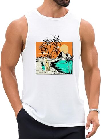 Mens Beach Tank Tops Summer Hawaii Vacation Graphic Muscle Palm Tree Sleeveless Shirts in Saudi Arabia