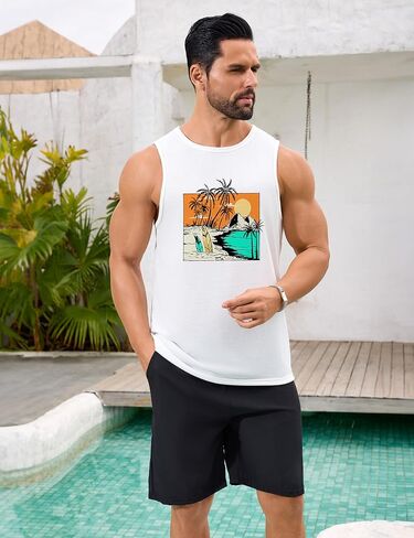 Mens Beach Tank Tops Summer Hawaii Vacation Graphic Muscle Palm Tree Sleeveless Shirts in Saudi Arabia