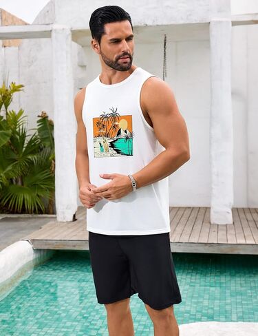 Mens Beach Tank Tops Summer Hawaii Vacation Graphic Muscle Palm Tree Sleeveless Shirts in Saudi Arabia