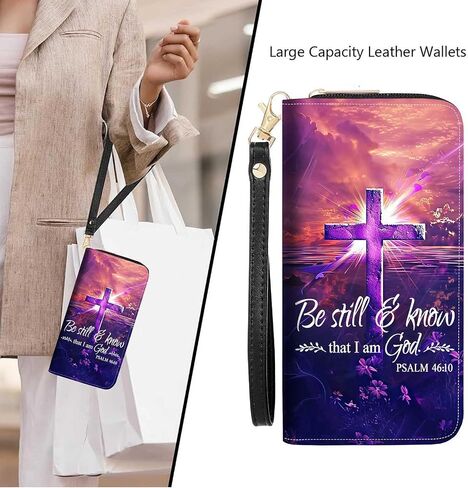 Cross Quote Bible Verses Psalm 46:10 Print Women Large Capacity Wallet PU Leather Zipper Clutch Purse for Smart Phone/Card/Coin/Cash in Saudi Arabia