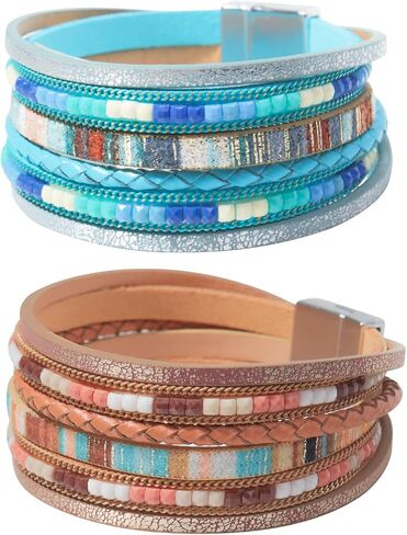 2 PCS جلدي أساور للنساء Boho Rustic Rustic متعدد الطبقات Clasp حبات القابلة للتكدي in Kuwait