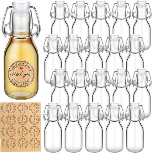Queekay 20 PCS Mini Flip Top Glass Bottle مع سدادات زخرفية زخرفية أعلى زجاجات مع أغطية ملصقات مستديرة للاصطدامات Kraft لاستخراج الفانيليا محلي الصنع حفل زفاف تحت عنوان حفل الزفاف in Kuwait