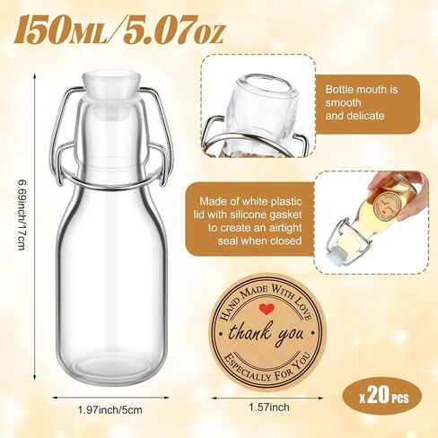 Queekay 20 PCS Mini Flip Top Glass Bottle مع سدادات زخرفية زخرفية أعلى زجاجات مع أغطية ملصقات مستديرة للاصطدامات Kraft لاستخراج الفانيليا محلي الصنع حفل زفاف تحت عنوان حفل الزفاف in Kuwait