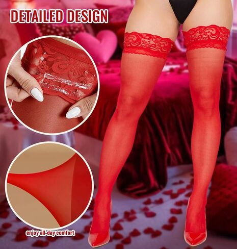 Women Lace Top Thigh High Stockings Silicone Stay Up Silky Semi Sheer Pantyhose in Saudi Arabia