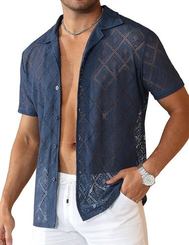Mens Floral Lace Shirt Hollow Out Sheer See Through Short Sleeve Casual Button Down Beach Shirts in Saudi Arabia