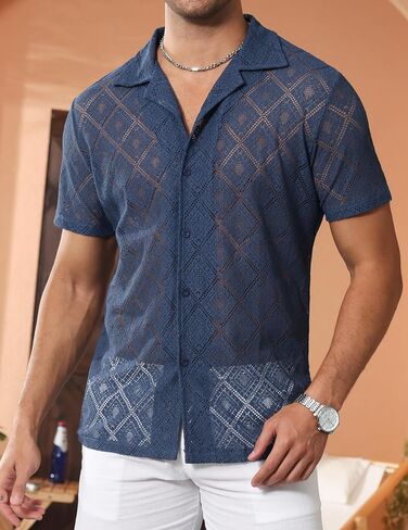 Mens Floral Lace Shirt Hollow Out Sheer See Through Short Sleeve Casual Button Down Beach Shirts in Saudi Arabia