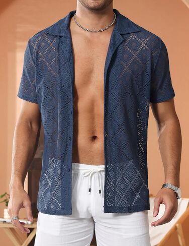 Mens Floral Lace Shirt Hollow Out Sheer See Through Short Sleeve Casual Button Down Beach Shirts in Saudi Arabia