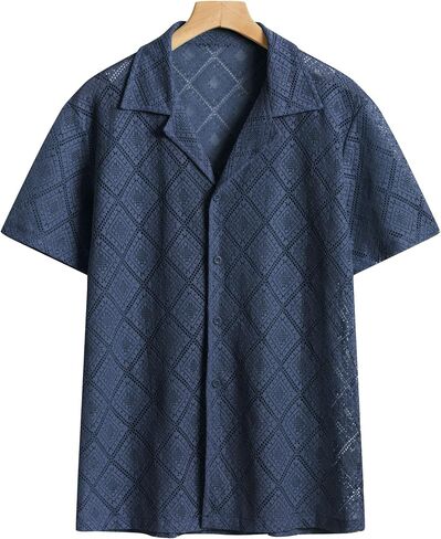 Mens Floral Lace Shirt Hollow Out Sheer See Through Short Sleeve Casual Button Down Beach Shirts in Saudi Arabia