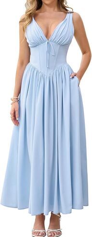 GLNEGE Women's Summer Corset Midi Milkmaid Dress Casual V Neck Flowy A Line Sundress Wedding Guest Dresses with Pockets 2025 in Kuwait