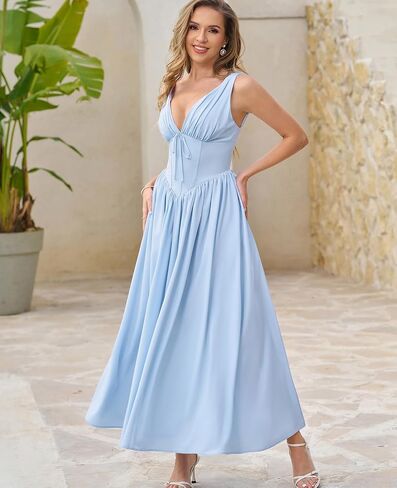 GLNEGE Women's Summer Corset Midi Milkmaid Dress Casual V Neck Flowy A Line Sundress Wedding Guest Dresses with Pockets 2025 in Kuwait