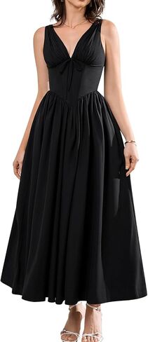 GLNEGE Women's Summer Corset Midi Milkmaid Dress Casual V Neck Flowy A Line Sundress Wedding Guest Dresses with Pockets 2025 in Kuwait