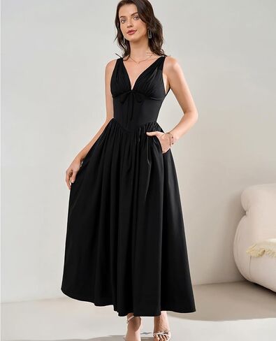 GLNEGE Women's Summer Corset Midi Milkmaid Dress Casual V Neck Flowy A Line Sundress Wedding Guest Dresses with Pockets 2025 in Kuwait