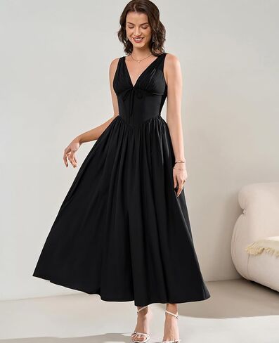GLNEGE Women's Summer Corset Midi Milkmaid Dress Casual V Neck Flowy A Line Sundress Wedding Guest Dresses with Pockets 2025 in Kuwait