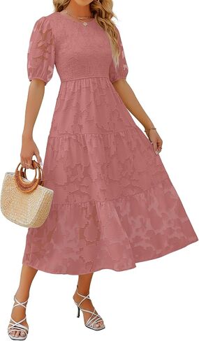 ZESICA Women's 2025 Summer Short Puff Sleeve Crewneck Smocked Floral Lace Flowy A Line Tiered Maxi Dresses in Saudi Arabia