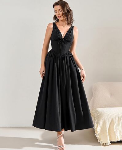 GLNEGE Women's Summer Corset Midi Milkmaid Dress Casual V Neck Flowy A Line Sundress Wedding Guest Dresses with Pockets 2025 in Kuwait