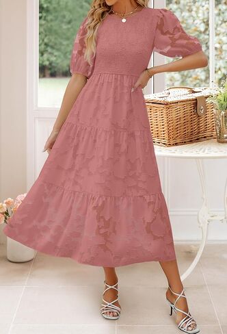ZESICA Women's 2025 Summer Short Puff Sleeve Crewneck Smocked Floral Lace Flowy A Line Tiered Maxi Dresses in Saudi Arabia