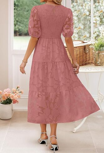 ZESICA Women's 2025 Summer Short Puff Sleeve Crewneck Smocked Floral Lace Flowy A Line Tiered Maxi Dresses in Saudi Arabia