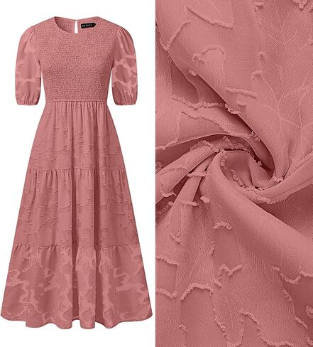 ZESICA Women's 2025 Summer Short Puff Sleeve Crewneck Smocked Floral Lace Flowy A Line Tiered Maxi Dresses in Saudi Arabia