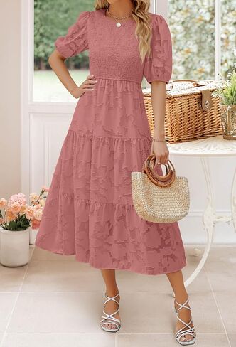 ZESICA Women's 2025 Summer Short Puff Sleeve Crewneck Smocked Floral Lace Flowy A Line Tiered Maxi Dresses in Saudi Arabia