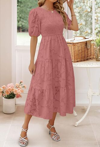 ZESICA Women's 2025 Summer Short Puff Sleeve Crewneck Smocked Floral Lace Flowy A Line Tiered Maxi Dresses in Saudi Arabia