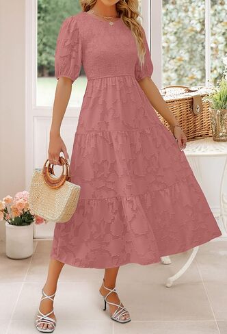 ZESICA Women's 2025 Summer Short Puff Sleeve Crewneck Smocked Floral Lace Flowy A Line Tiered Maxi Dresses in Saudi Arabia