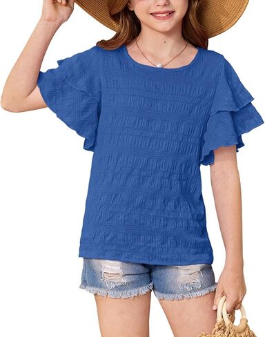 Besserbay Girls Summer Summer Shuffle Short Sleeve قمصان Tee Crewneck تمتد من القمم غير الرسمية من 5-14 سنة in Kuwait
