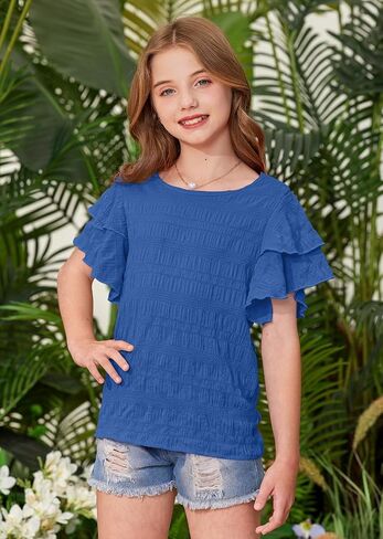 Besserbay Girls Summer Summer Shuffle Short Sleeve قمصان Tee Crewneck تمتد من القمم غير الرسمية من 5-14 سنة in Kuwait
