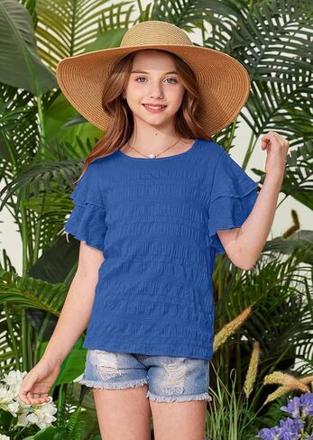 Besserbay Girls Summer Summer Shuffle Short Sleeve قمصان Tee Crewneck تمتد من القمم غير الرسمية من 5-14 سنة in Kuwait