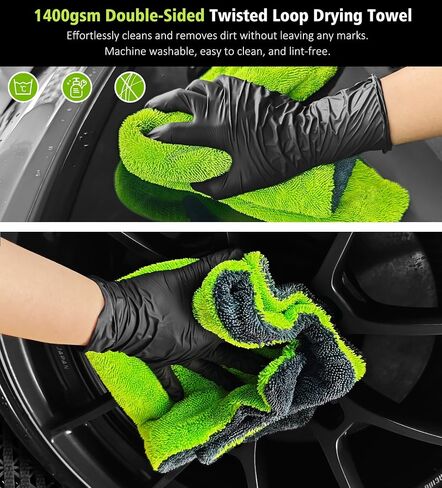 2-Pack Car Drying Towels, 16"x 16" Microfiber Drying Towel for Car Detailing, 1400 GSM High Absorbent Edgeless Streak Free Car Wash Drying Towels for Car Truck SUV, Green&Gray in Kuwait