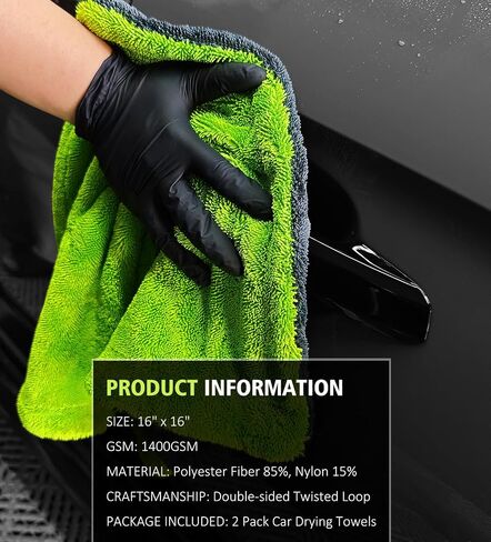 2-Pack Car Drying Towels, 16"x 16" Microfiber Drying Towel for Car Detailing, 1400 GSM High Absorbent Edgeless Streak Free Car Wash Drying Towels for Car Truck SUV, Green&Gray in Kuwait