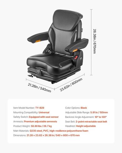 VEVOR Universal Forklift Seat, Tractor Suspension Seat with Adjustable Back, Armrest, Headrest & Safety Belt, Secure Fold Down Tractor Seat with Micro Switch, Lawnmower Seat for Skid Loader Bulldozer in Saudi Arabia