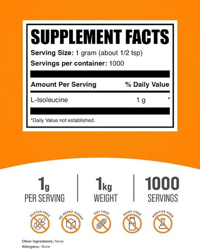 Plksupplements.com L -Isoleucine Powder - ملحق الأحماض الأمينية ، ملحق BCAA - غير متسلل وخالي من الغلوتين ، 1G لكل وجبة ، 500 جرام (1.1 رطل) (حزمة 1) in Kuwait