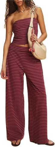 Women Striped Pants Sets 2 Piece Outfits Strapless Tube Tops and Elastic Waist Wide Leg Pants Lounge Set in Saudi Arabia