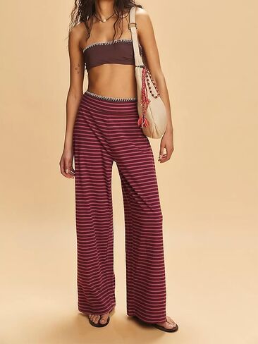 Women Striped Pants Sets 2 Piece Outfits Strapless Tube Tops and Elastic Waist Wide Leg Pants Lounge Set in Saudi Arabia