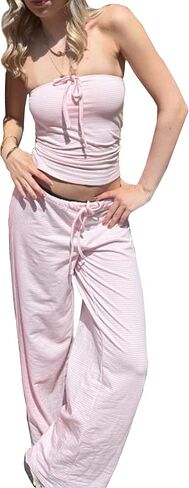 Women Striped Pants Sets 2 Piece Outfits Strapless Tube Tops and Elastic Waist Wide Leg Pants Lounge Set in Saudi Arabia