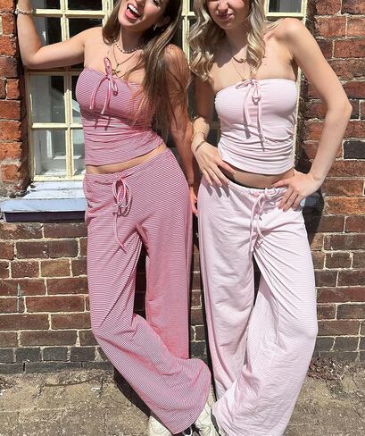 Women Striped Pants Sets 2 Piece Outfits Strapless Tube Tops and Elastic Waist Wide Leg Pants Lounge Set in Saudi Arabia