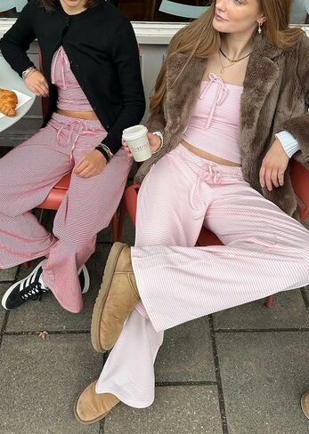Women Striped Pants Sets 2 Piece Outfits Strapless Tube Tops and Elastic Waist Wide Leg Pants Lounge Set in Saudi Arabia