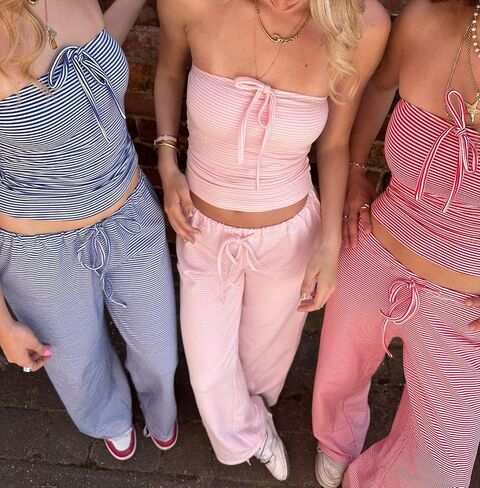 Women Striped Pants Sets 2 Piece Outfits Strapless Tube Tops and Elastic Waist Wide Leg Pants Lounge Set in Saudi Arabia