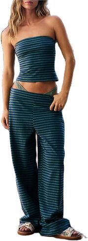 Women Striped Pants Sets 2 Piece Outfits Strapless Tube Tops and Elastic Waist Wide Leg Pants Lounge Set in Saudi Arabia