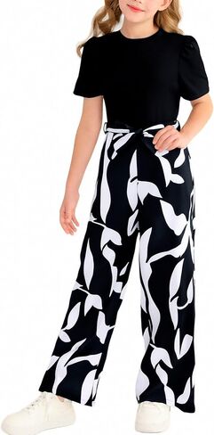 Girls Jumpsuits Puff Sleeve Leaves Wide Leg Romper Kids Summer Jumper Tween Girls Trendy Preppy Clothes Size 8-12 in Saudi Arabia