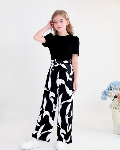 Girls Jumpsuits Puff Sleeve Leaves Wide Leg Romper Kids Summer Jumper Tween Girls Trendy Preppy Clothes Size 8-12 in Saudi Arabia