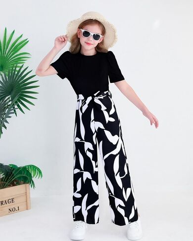 Girls Jumpsuits Puff Sleeve Leaves Wide Leg Romper Kids Summer Jumper Tween Girls Trendy Preppy Clothes Size 8-12 in Saudi Arabia