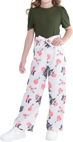Girls Jumpsuits Puff Sleeve Leaves Wide Leg Romper Kids Summer Jumper Tween Girls Trendy Preppy Clothes Size 8-12 in Saudi Arabia