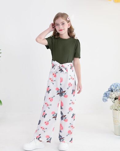Girls Jumpsuits Puff Sleeve Leaves Wide Leg Romper Kids Summer Jumper Tween Girls Trendy Preppy Clothes Size 8-12 in Saudi Arabia