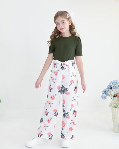 Girls Jumpsuits Puff Sleeve Leaves Wide Leg Romper Kids Summer Jumper Tween Girls Trendy Preppy Clothes Size 8-12 in Saudi Arabia