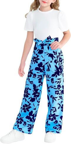 Girls Jumpsuits Puff Sleeve Leaves Wide Leg Romper Kids Summer Jumper Tween Girls Trendy Preppy Clothes Size 8-12 in Saudi Arabia