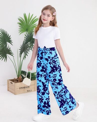 Girls Jumpsuits Puff Sleeve Leaves Wide Leg Romper Kids Summer Jumper Tween Girls Trendy Preppy Clothes Size 8-12 in Saudi Arabia