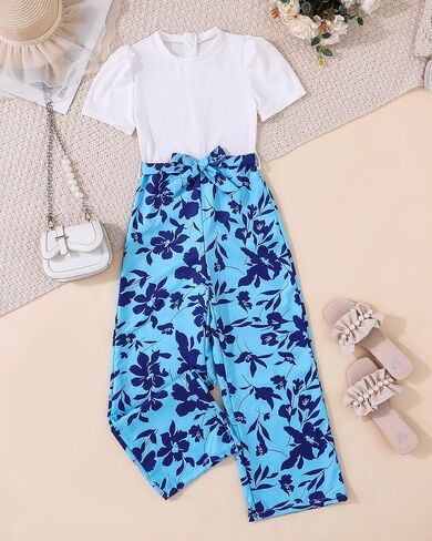 Girls Jumpsuits Puff Sleeve Leaves Wide Leg Romper Kids Summer Jumper Tween Girls Trendy Preppy Clothes Size 8-12 in Saudi Arabia